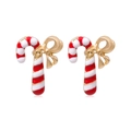 Festive Christmas candy cane stud earrings with golden bow accents in red and white - Candy Cane 2