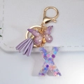 Resin letter X keychain with colorful sequins, purple tassel and butterfly charm - Letter X