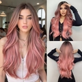 Detail view of wavy long pink ombré wig from front, side and back perspectives - Pink Gradient