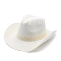 Detail of white straw cowboy hat with delicate beige lace ribbon and woven texture - M (56-58cm) / White