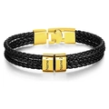 Close-up of triple-layer braided black leather bracelet with custom gold magnetic clasps - 19cm / 2 Names / Gold Clasp