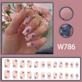 Faux ongles roses avec motifs papillons bleus, ensemble court de forme carrée - Papillon Bleu Base Rose Style à Colle (W786)