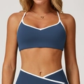 Dark blue two-piece yoga bikini set with white contrast trim and crossover high waist - S / Navy Blue