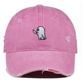 Detail of cute ghost embroidery on a pink distressed washed denim baseball cap for street style - One Size / Pink