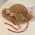 Light brown crochet sun hat with red and green floral embroidery and a plaid bow detail - M / Bow Pineapple Hat-Khaki
