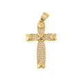 Detailed view of a gold cross pendant with micro-set zircons and heart-shaped ends - D160A