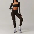 Three-piece dark coffee yoga set with sports bra, high-waist leggings and shrug - S / Top And Bottom / Black Coffee