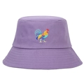 Detailed view of colorful rooster embroidery on a pale purple cotton bucket hat fabric - Adjustable / Purple