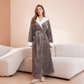 Dark grey striped flannel hooded bathrobe with white fleece trim and waist tie strap - M / Gray (Women)