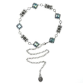 Vintage silver metal waist chain with blue gems and intricate rose flower details - Vintage Silver - Blue Square Rose