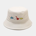 Close-up of four colorful mini dinosaur embroidery on a beige cotton bucket hat - M (56-58cm) / Beige