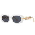 White rectangular sunglasses with gold chain temples and dark gray lenses for women - Off-White Grey