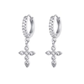Sparkling silver cross hoop earrings with pave cubic zirconia on white background - W80056-ss / 24K