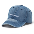 Detail of embroidered letters on light blue denim baseball cap with vintage wash finish - Light Blue