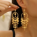 Pendientes de aro bohemios dorados con borlas y discos de metal para mujer - Pendientes Colgantes Dorados (DZ-604) / Dorado