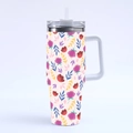 Detail of 40oz stainless steel tumbler featuring pink floral and yellow leaf patterns - Style 9-Red Dense Floral