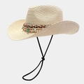 Beige woven straw cowgirl sun hat with bohemian beaded band and chin strap - Solid Beige