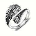 Vintage Bohemian daisy ring with bee engraving and oxidized silver finish for women - US 5 / Antique Silver