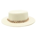 Detail of cream boater straw hat featuring a chunky gold chain link band decoration - Cream