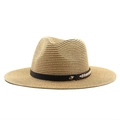 Detailed weave of natural straw fedora with black leather band and metal rivet detail - M (56-58cm) / Khaki