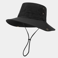 Dettaglio cappello da sole outdoor con fori in metallo, bottoni e cordino regolabile - Taglia unica / Nero