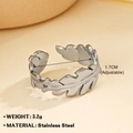 Anillo ajustable de acero inoxidable plateado con forma de hoja y nervaduras detalladas - Hoja elegante 176 / Color Acero