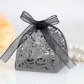 Elegant grey hollow-out wedding candy box with a decorative black ribbon bow - Silver Charcoal