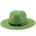 Detailed view of the bright green straw fedora hat with a woven leather band - M / Fruit Green