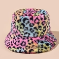 Bunter Fischerhut aus Kunstpelz mit Regenbogen-Leopardenmuster und warmem Plüsch-Design - Bunter Leopard