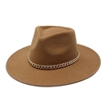 Chapeau fedora classique en laine camel avec chaîne en métal doré pour hommes et femmes - M(56-58cm) / Café Clair