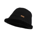 Chapeau bob d'hiver noir pour femme avec bordure en peluche et écusson en cuir - Noir