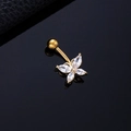 Golden butterfly navel ring with white marquise zirconia on a dark mirrored base - Four Zircon Butterfly Gold