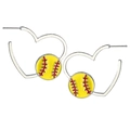 Detail view of heart-shaped hoop earrings with yellow baseball themed charms in silver metal - Softball