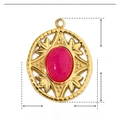 Macro detail of gold stainless steel pendant with oval pink natural stone and leaf carvings - Oval Pink Natural Stone (YE123)