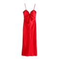 Elegant red satin midi slip dress with a gathered bow chest design on a white background - XS / Red