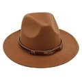 Detail of caramel wool felt fedora with woven bead band and golden feather pendant charm - Khaki (Gold Feather)