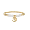 Pulsera de cuentas doradas con perlas blancas y colgante de luna y estrella con circonitas - Estilo Estrella Luna (CN001373CX)
