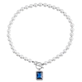 Elegant pearl necklace with OT clasp and rectangular blue gemstone pendant - Steel with Blue Stone