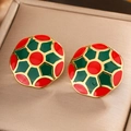 Vintage enamel round earrings in red and green with 18K gold plating on display - Gold E-331 (Red Green/Retro)