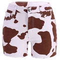 High-waisted denim shorts with brown and white cow print and raw hem details - S / Brown White