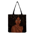 Detailed view of canvas tote bag with black strap and artistic black woman illustration - Black Base-Colorful Print-Star Hair Decor