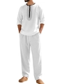 Men's white cotton linen henly shirt and loose trousers set with textured fabric - S / White
