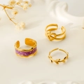 Three-piece gold titanium steel ring set with purple enamel and heart relief detail - J659-Purple Enamel Leaf 3-Piece Set