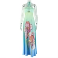 Detail van halter maxi-jurk met iris bloemenprint en verloop van mint naar blauwe tinten - S / Blauw-Groen Gradiënt