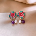 Detail of floral enamel earrings with purple beads and white pearls on silk - 7# Silver Post Style (7#)