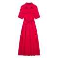 Detail of red short sleeve poplin shirt dress featuring chest pockets and belted waist bow - XS / Red