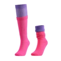 Pink and purple contrast color cotton slouch socks in flat lay and worn style - Triple Full Inspection Quality / Rose Red & Light Purple