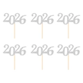 Lot de 6 décorations de gâteau Nouvel An 2026 paillettes argentées et bois - Style 2 : 2026 / Lot de 6 / Argent