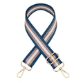 Details des verstellbaren Taschenriemens mit blau-weißen Streifen und roségoldenem Glitzer - Silberverschluss / Blau