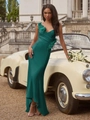 Elegant dark green satin maxi dress with floral appliques and V-neckline style - S / Green